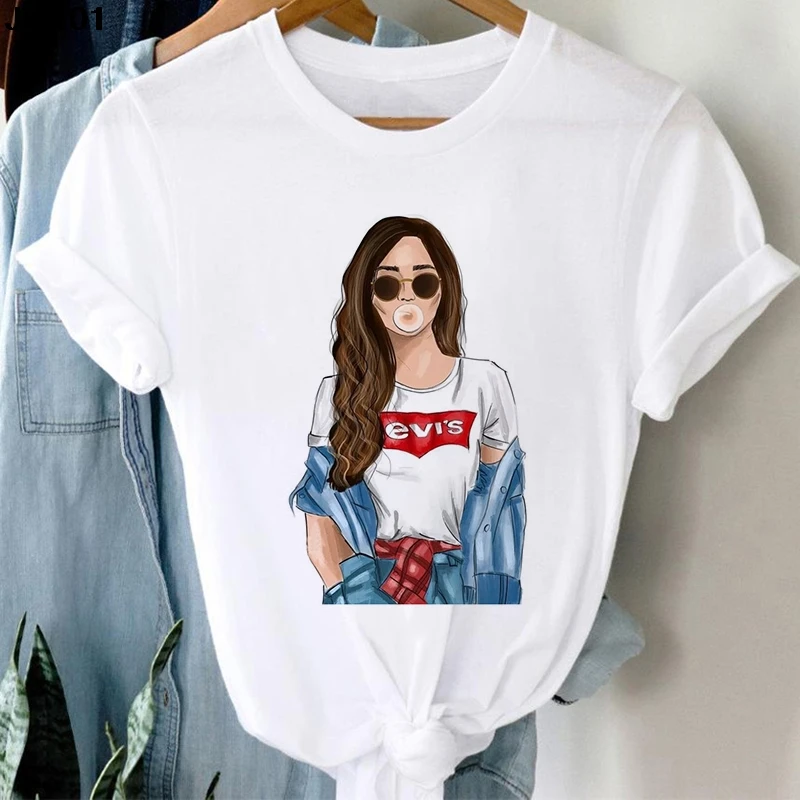 Women's Blowing Bubble Girl Print T-Shirt, Harajuku Short Sleeve Top, Ladies Casual Streetwear, White T-shirt, Summer Fashion