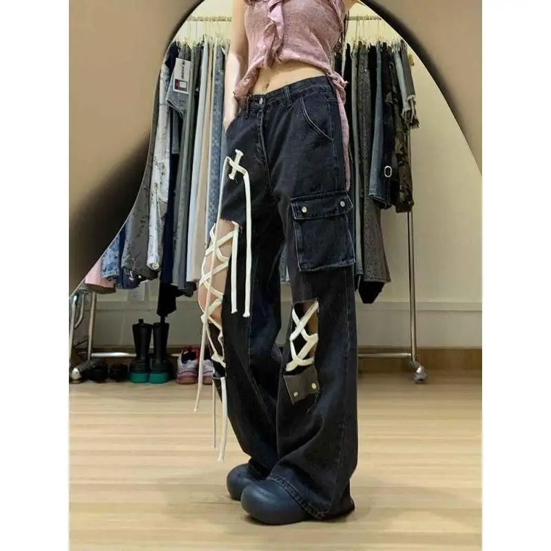 

American Sle High Waist Torn Denim Pants Women's Autumn New Design Loose Slimming Wide Leg Floor-Length Pants