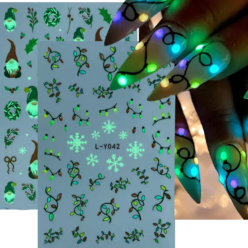สติกเกอร์ติดเล็บลายคริสต์มาส 3 มิติ แบบเรืองแสง ลายเกล็ดหิมะ/ซานตาคลอส/พวงหรีด  แบบติดเอง  ตกแต่งเล็บเรืองแสงสำหรับเทศกาลคริสต์มาส