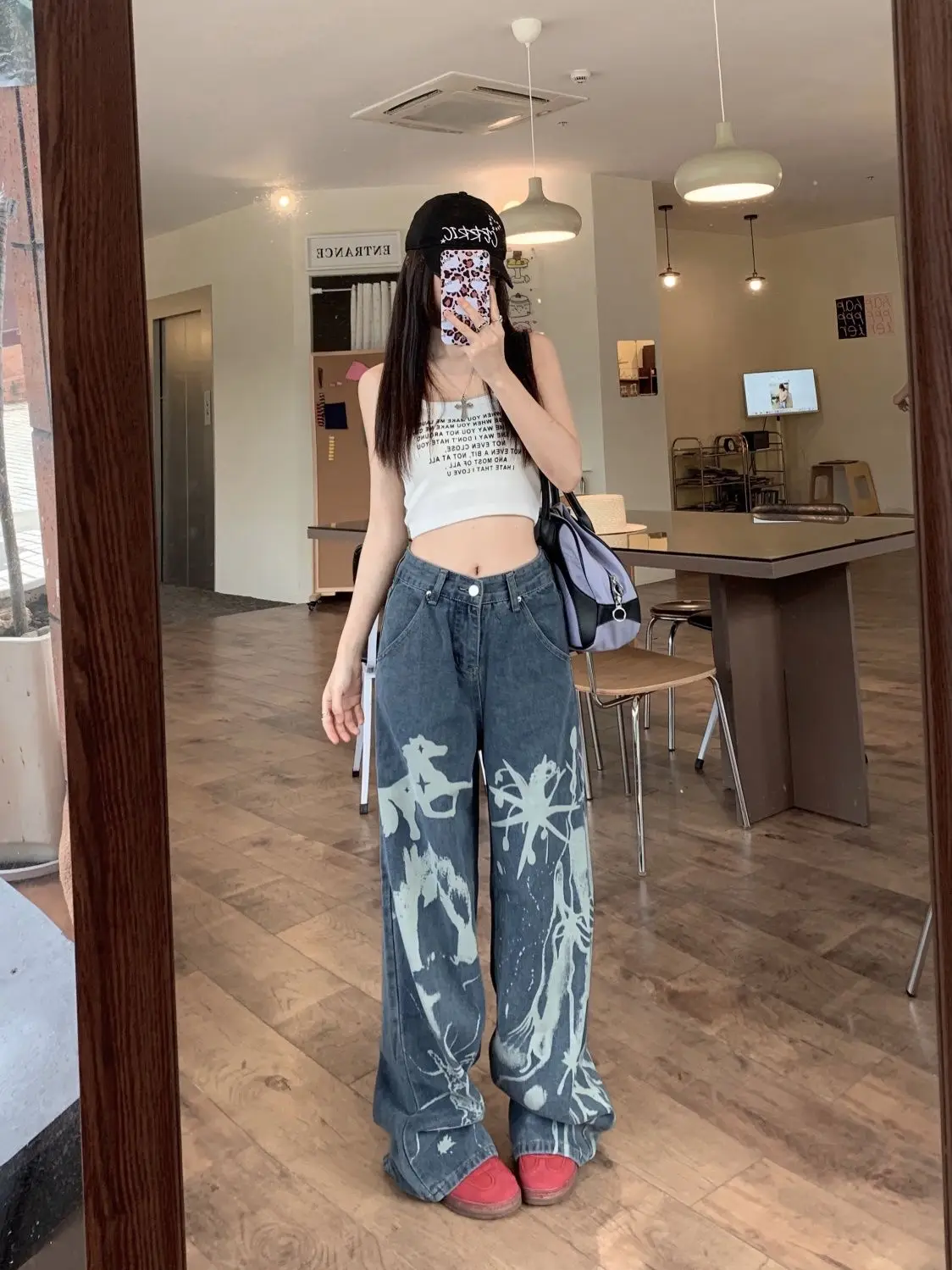 Jeans Printed High Waist American Spice Girl 2024 Summer New Retro Loose Slim Straight Wide-Leg Trousers