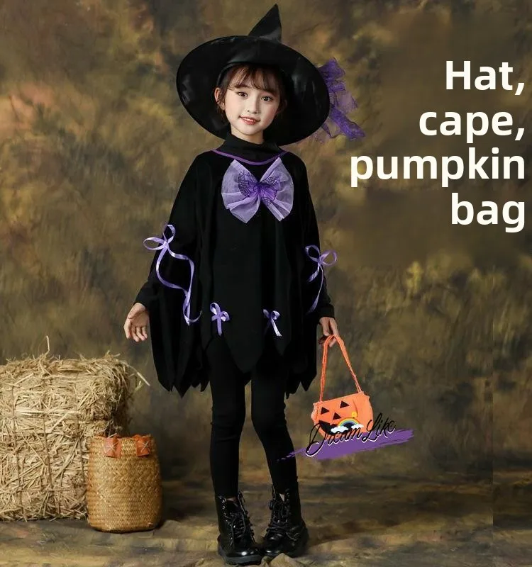 Fsia de Bruxa Infantil para loween, Conjunto de Capa e Vestido para Apresentação, Traje Tradicional para Meninas