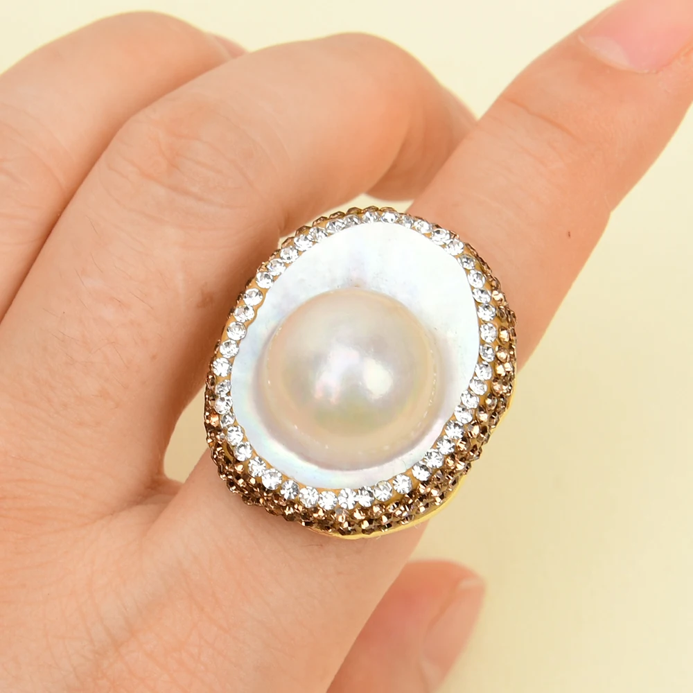 G-G Natural White Mabe Pearl Crystal Zircon Pave Rings Gold Plated Adjustable Ring Jewelry Gift For Women