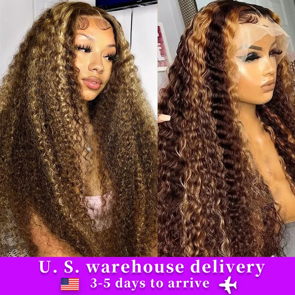 Perruque Deep Wave Lace Front Wig Naturelle Bouclée, Cheveux Humains, Brun, Ombrée, Transparente HD, 13 Tages, Densité 250, à Reflets