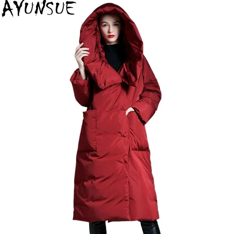 AYUNSUE White Duck Down Puffer Jacket Women with Hood New Arrivals Long Down Coats Oversize Winter Luxury Clothes Пуховики 2024