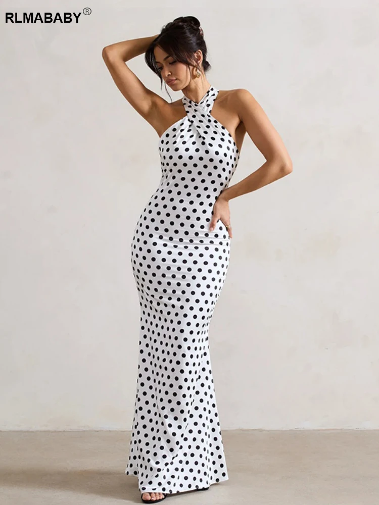RLMABABY Elegante Polka Dot Backless Vrouwen Bodycon Maxi Jurk Sexy Halter Uitgesneden Mouwloze Party Hotti Meisje Lange Slanke Jurk