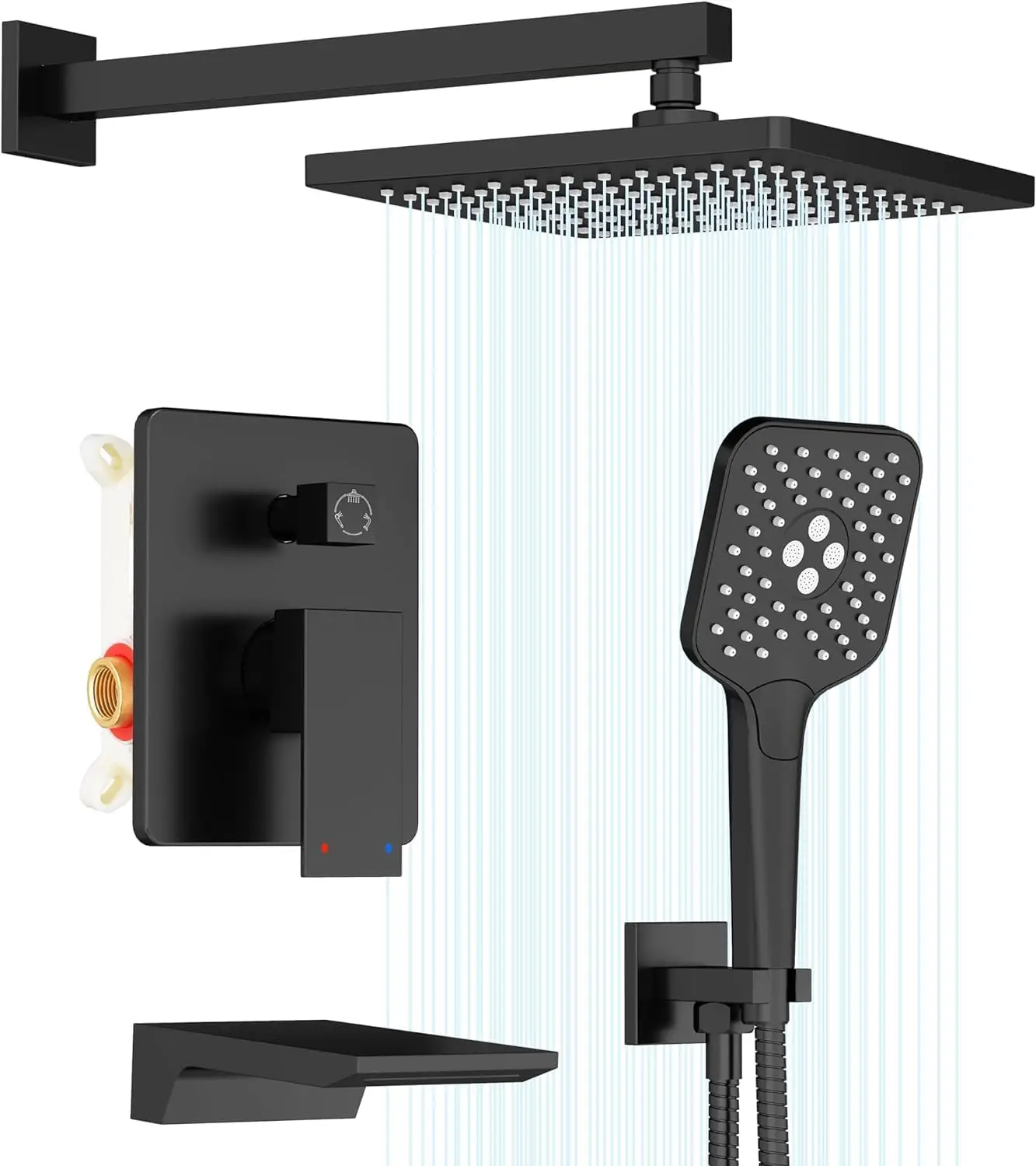 

Matte Black Thermostatic Faucets Square Rain Shower Head Hand Sprayer Set Trim Kit Rough-in Valve Body For Villas Wall Mount