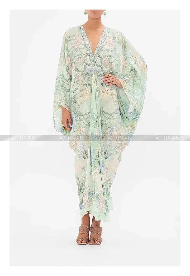 Women V Neck V Neck Batwing Sleeve Green Flower Print Loose Silk Cloak Dress