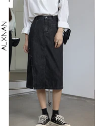 Falda vaquera con abertura para mujer, falda negra de cintura alta, línea A, longitud media, estilo coreano, para oficina, LXN12716, 2024