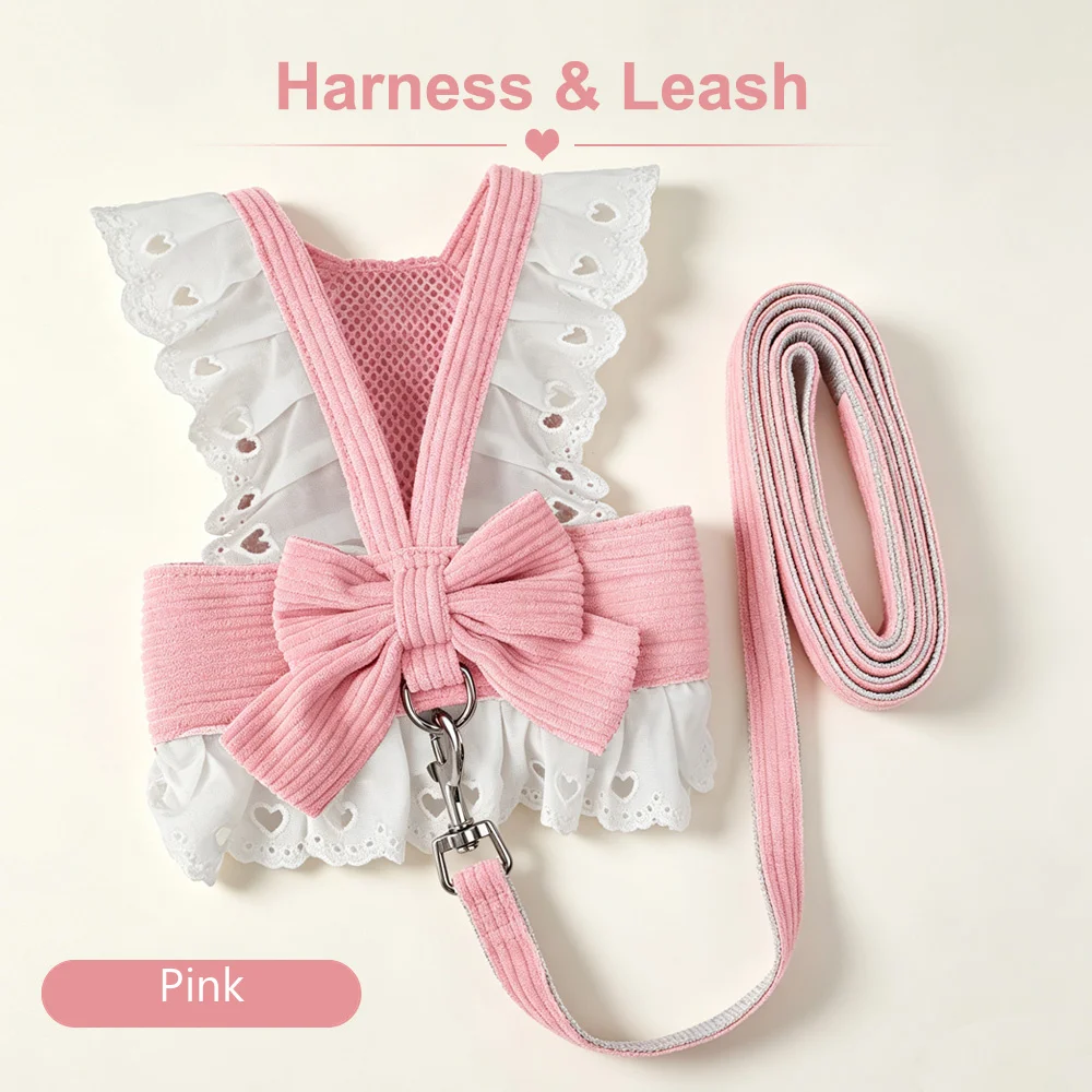 Breathable Dog Harness Leash Set Cute Bow Princess Puppy Harnesses Lace Pet Vest And Walking Leash Soft For Small Medium Dogs