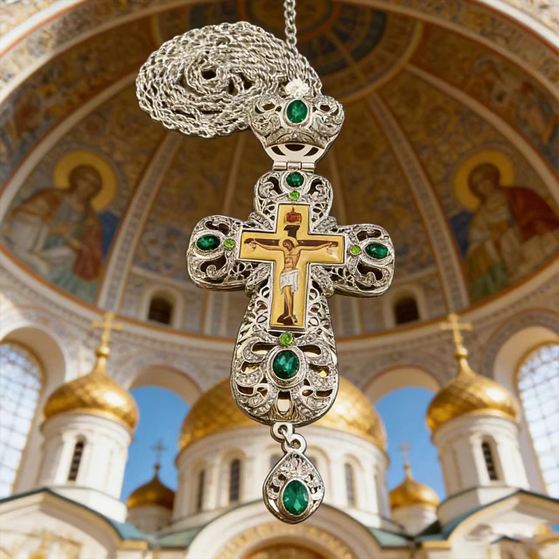 Neue 2026 Premium Zweifarbige Orthodoxe Kreuzkette mit Grünen Kristalldetails und Filigran-Verarbeitung für den täglichen spirituellen Gebrauch – Detail 2