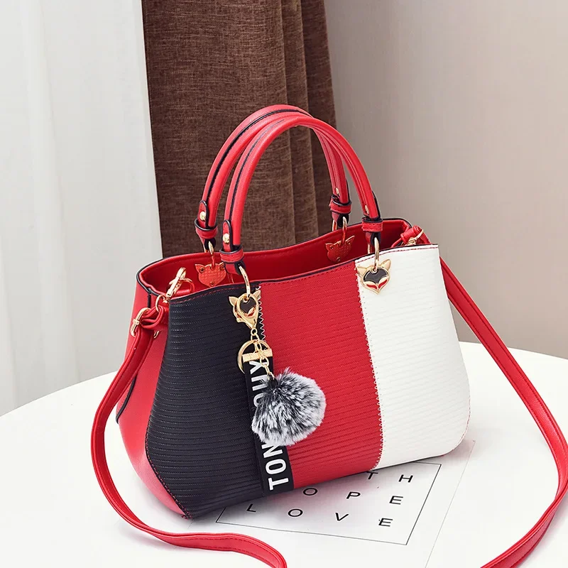 Women's bag New Fashion Hair Ball Pendant Hit Color Ladies Handbag Trend All-match Retro PU Messenger Bag Shoulder Bag Wallet