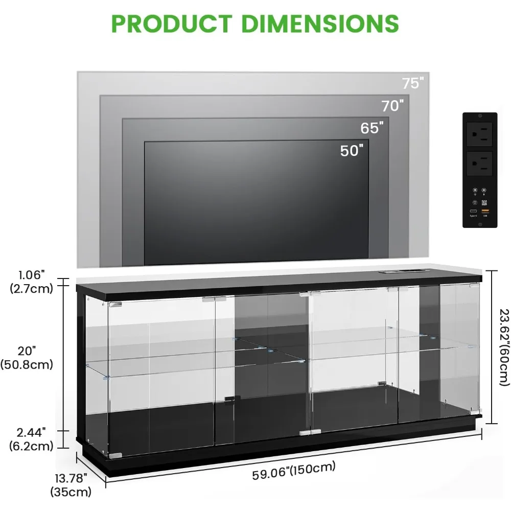 71 inch Glass Display TV Cabinet with Power Strip for Living Room, Black