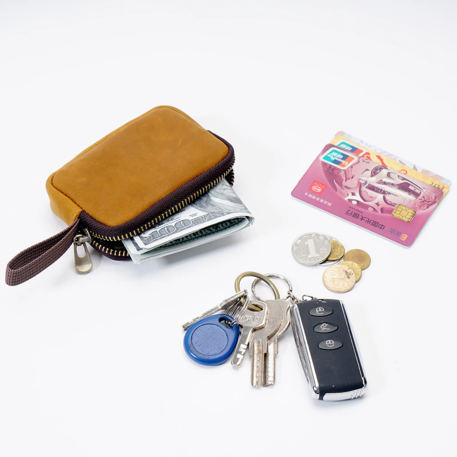 Genuine Leather Coins Purse with Keychain, Mini Change Holder Cards Bag Zipper Closure Multifunctional Storage Bag for Men Women