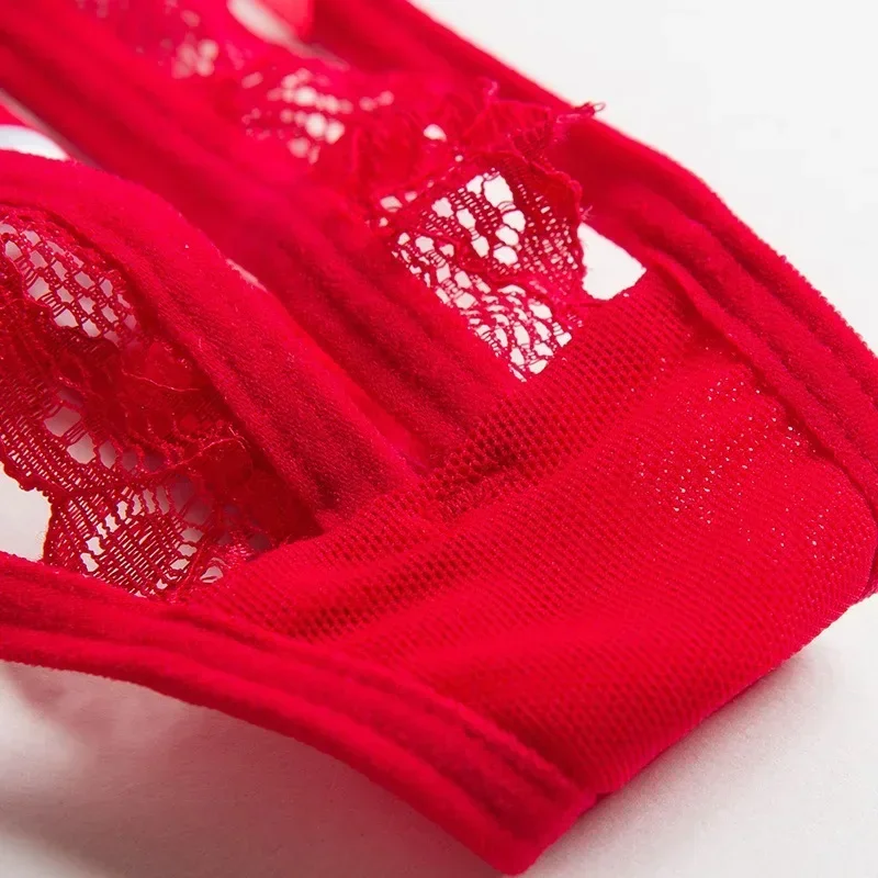 Lencería sexy ahuecada para mujer, Tanga tentación de masaje con perlas en la entrepierna, pantalones elásticos transparentes de encaje, regalo del Día de San Valentín