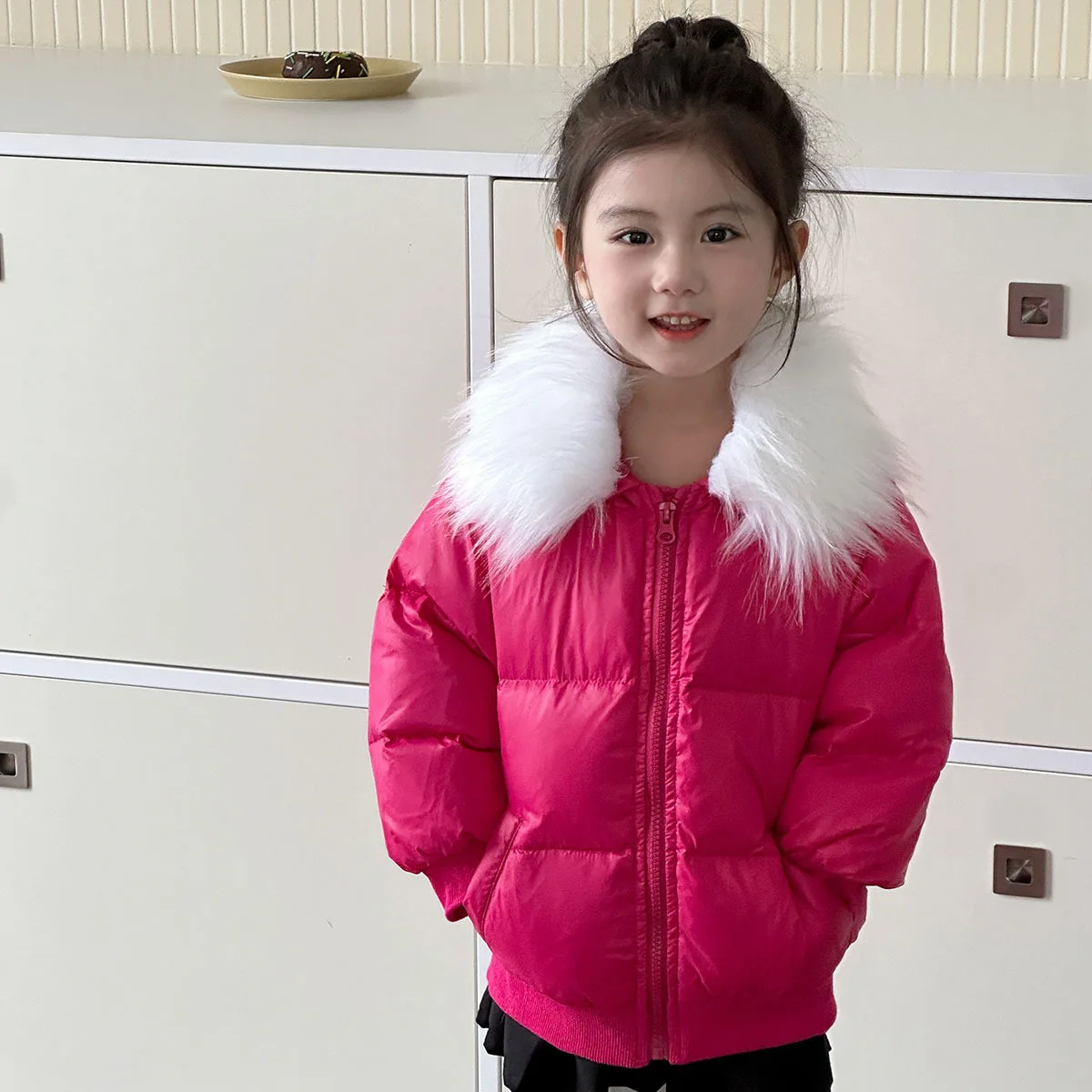 2024 Winter Kids Girls Down Jacket Thick Warm Fur Collar Solid Zipper Toddler Girls Short Jacket Children Girls Outerwear Coat