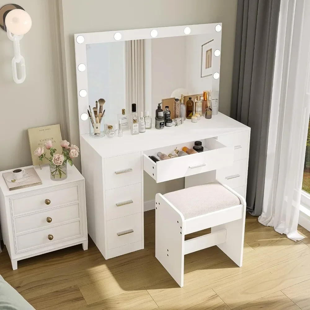 XMSJ Dressing Table with Illuminated Mirror, Lighting Mode in 3 Colors, Adjustable Brightness, Dressing Table with Drawers