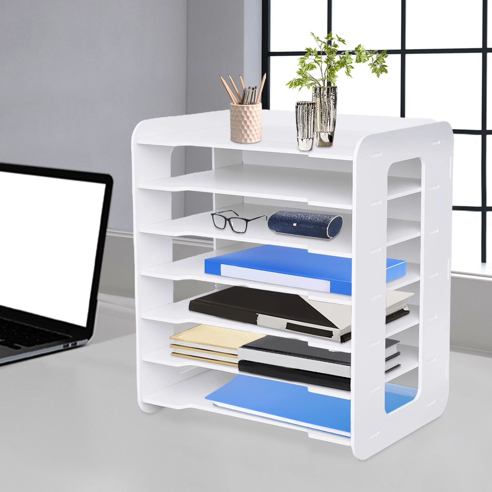 

7-уровневый белый офисный стол, настольные органайзеры, лоток для писем, держатель для сортировки бумаги, стеллаж для документов, полка, органайзер для литературы