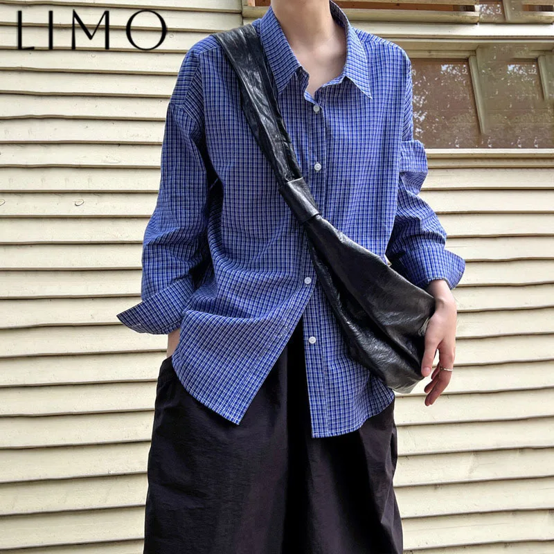 

LIMO 2025 Fashion Designer Women's Blue White Plaid Blouse Single Breasted Lapel Collar Casual Elegant Premium 3 Seasons