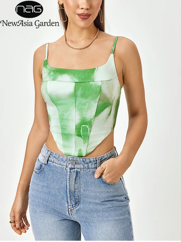 

NewAsia Women's Sleeveless Open Back Print Crop Corset Top Spaghetti Strap Back Zipper Fashion Party Cami Tank Top Green