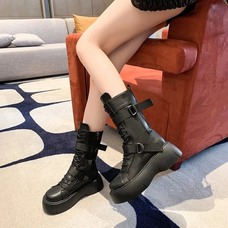 Round Toe Platform Women's Half High Boots on Promotion Trend 2025 Demi-season New Rock Goth Waterproof in Ladies Mid Calf Shoes