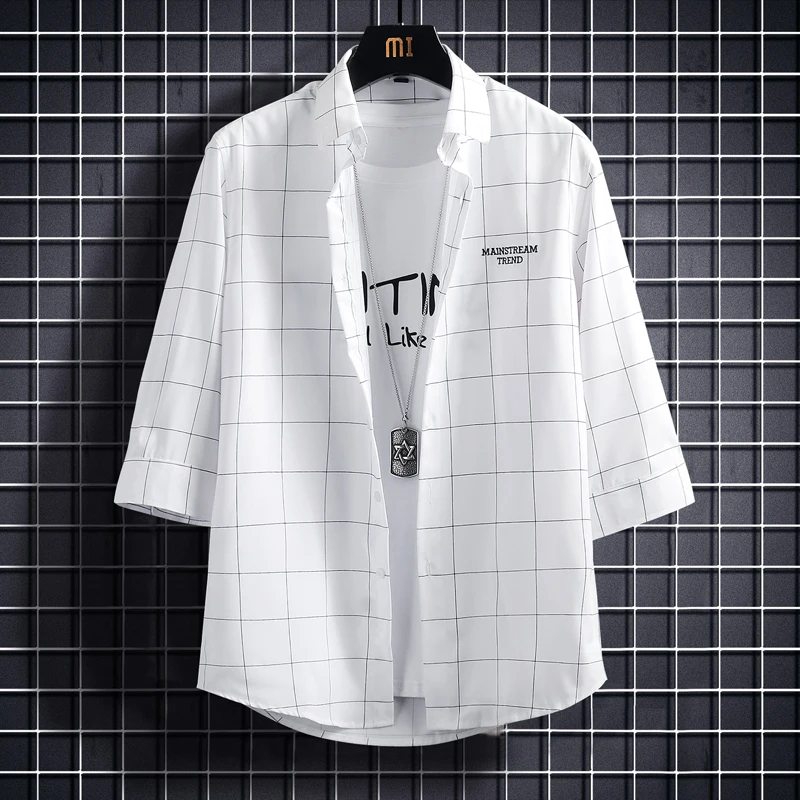 

White Plaid ort Sve Casual irt Men's Loose Fit Trendy Summer New Sle Polyester Fiber Youth ular Point Collar irt