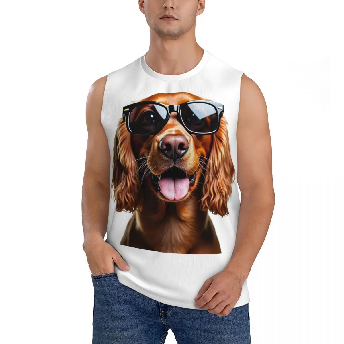 Funny Cool Cocker Spaniel Wearing Sunglasses Men Sleeveless Tank Tops Quick Dry Breathable Gym Fitness Running Summer Sport Vest