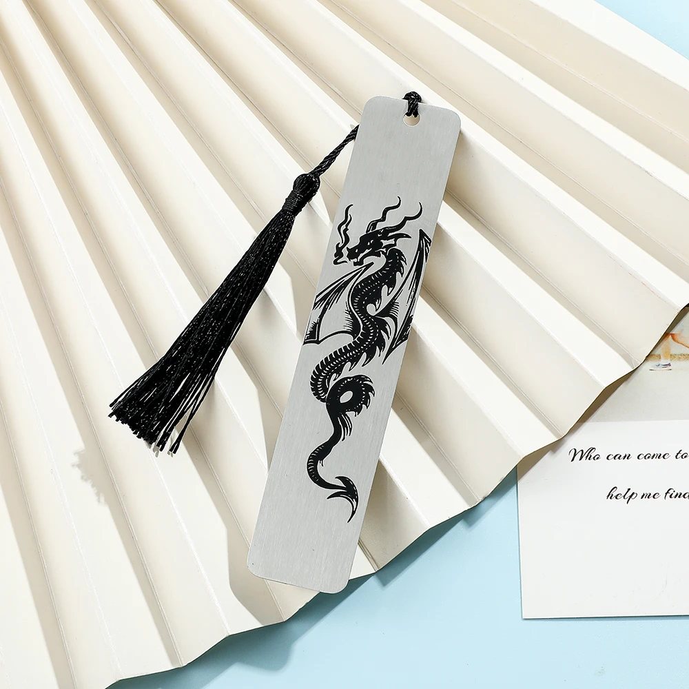 1Pc Black Dragon Engraved Stainless Steel Bookmark with Tassel for Bookworm Ladies Book Lovers, Book Accessories School Supplies