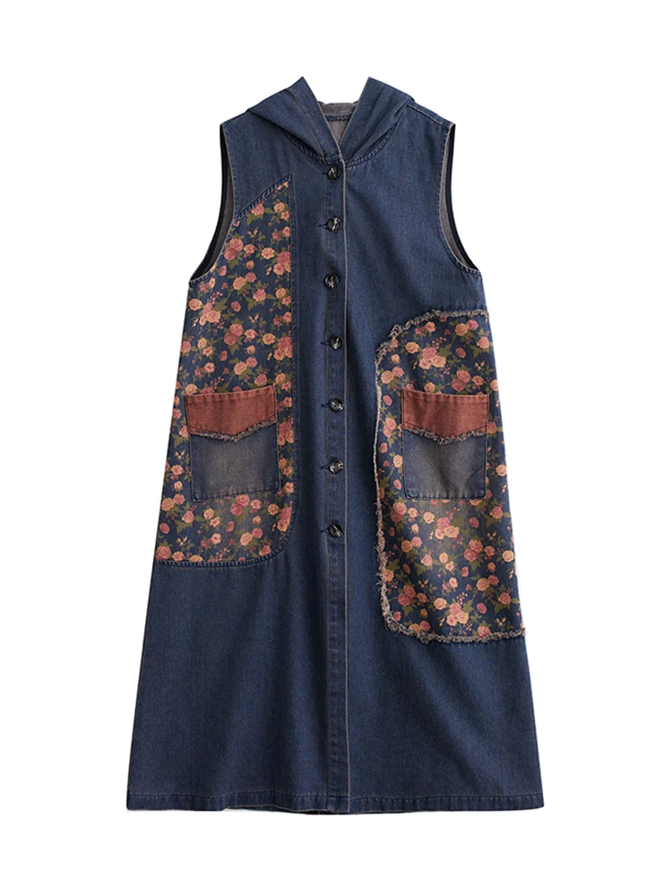 Max LuLu 2023 Fall Long Sleeveless Clothes Womens Fashion Loose Hooded Denim Vest Ladies Casual Printed Coats Vintage Waistcoats