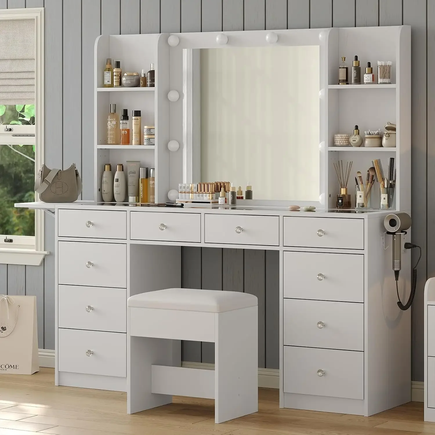 Vanity with Power Outlet, Vanity Desk with Mirror and 10 LED Lights, 10 Drawers Makeup Vanity with 6 Shelves, Fold-up Panel, Dre