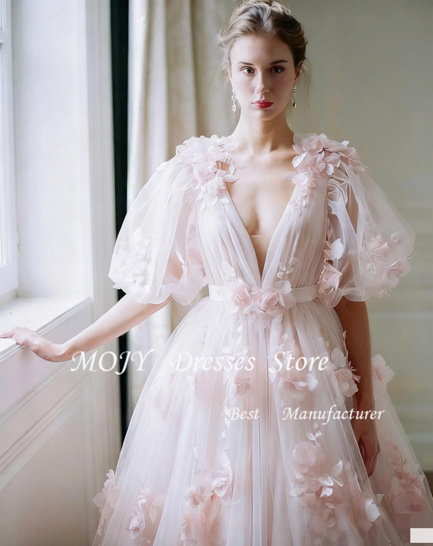 

Mojy Customized Vestidos De Noche Elegantes 2026 Special Occasion Dress 3D Flower Fabric Wedding Party Dress Vestidos De Novia