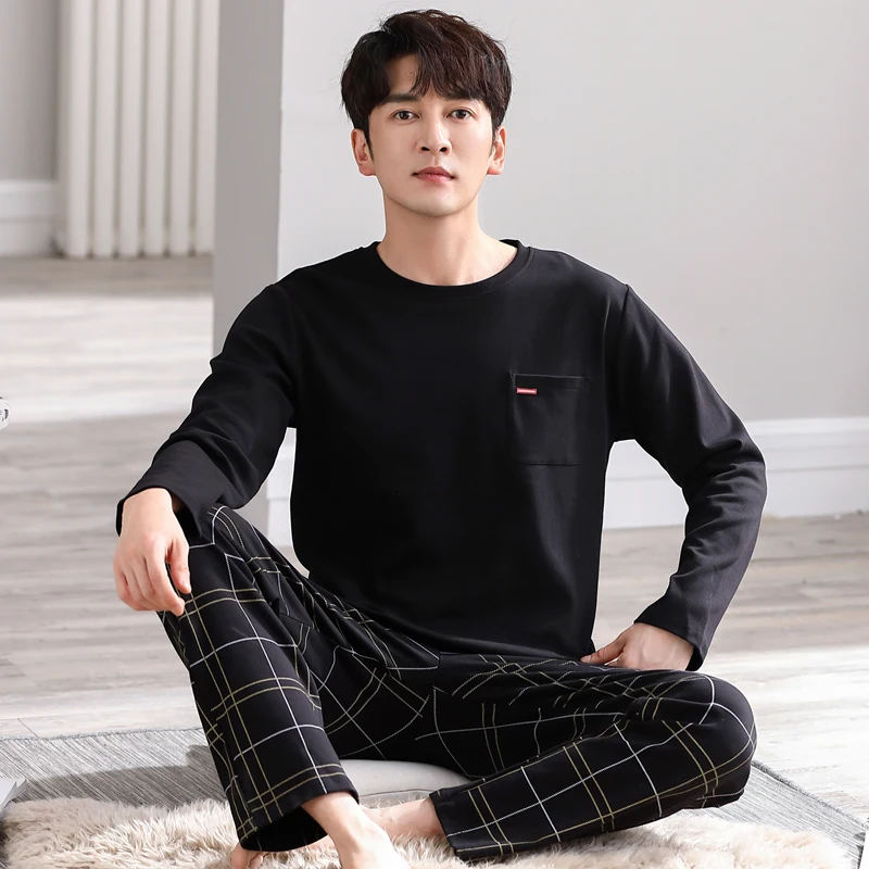 Pajamas Set of Men Cotton Long-Sleeved Simple Sleepwear Homewear Students Two-Piece Nightwear Loungewear pyjama homme coton