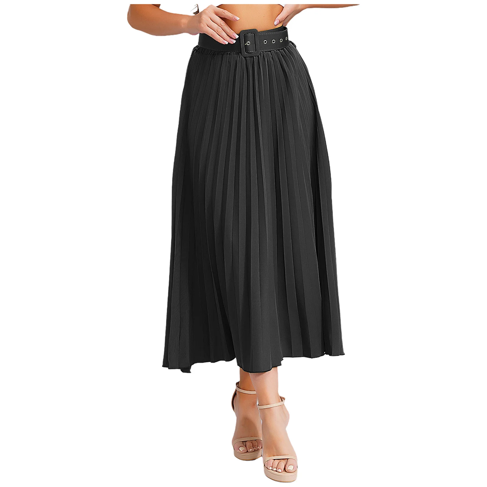 Elegant Womens Solid Color Pleated Skirt with Belt Elastic High Waist Maxi Skirt Swing A-Line Skirt Fashion Casual Formal Skirts