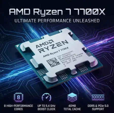 New AMD Ryzen 7 7700X Desktop CPU 8 Core 16 Thread 5NM 32M L3 Cache 4.5GHz 100 000000591 Socket AM5 Without Cooler