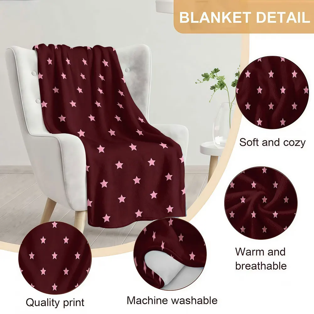 Burgundy Stars Soft Warm Flannel Blanket Lightweight Cozy Christmas Halloween Home Decor Room