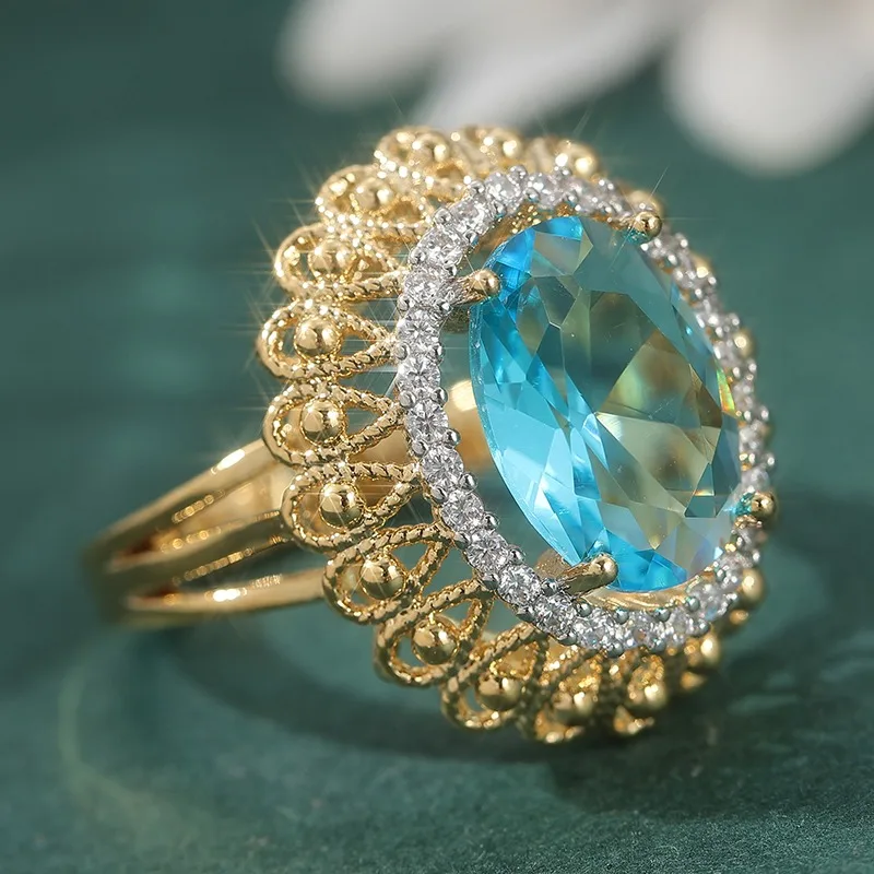 Exquisiter, eingelegter, weiß-seeblauer CZ-Damenring in Silberfarbe, handgeschnitzt, hohl, für den täglichen Gebrauch, Partyschmuck, Jubiläumsgeschenk – Detail 3