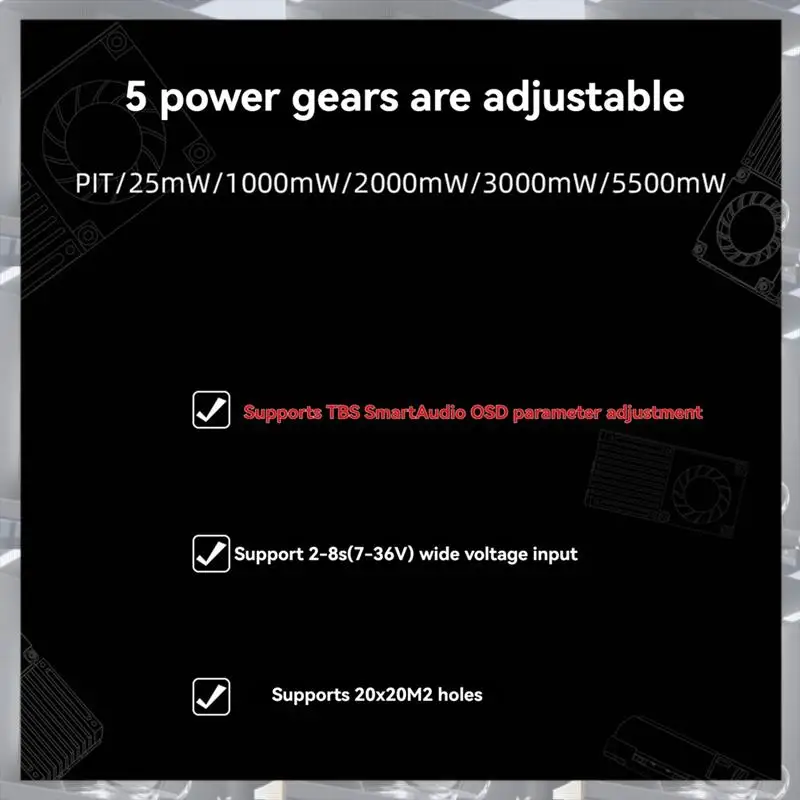 

A84F-5.8G 5.5W VTX 25Mw 1000Mw 5.5W Power FPV Image Transmission Video Transmitter Forlong Range RC FPV Drone