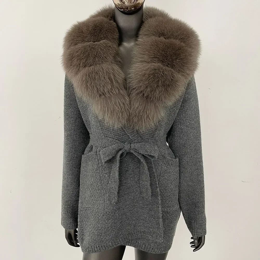 OFTBUY Giacca in pelliccia di procione naturale con cappuccio Autunno Cappotto in vera pelliccia di volpe Cardigan lavorato a maglia Capispalla donna Manica lunga Moda femminile