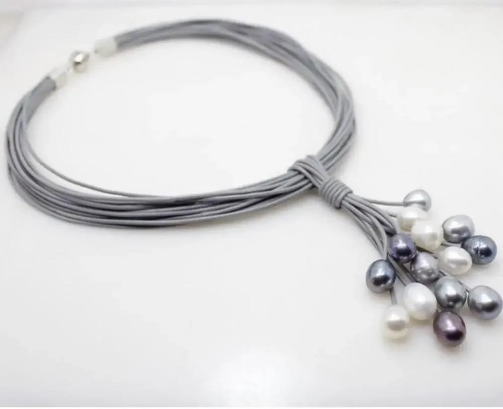 Fine jewelry  Hot sale wholesale 12mm Real White Black Gray Freshwater Pearl Necklace Leather Cord Magnet Clas