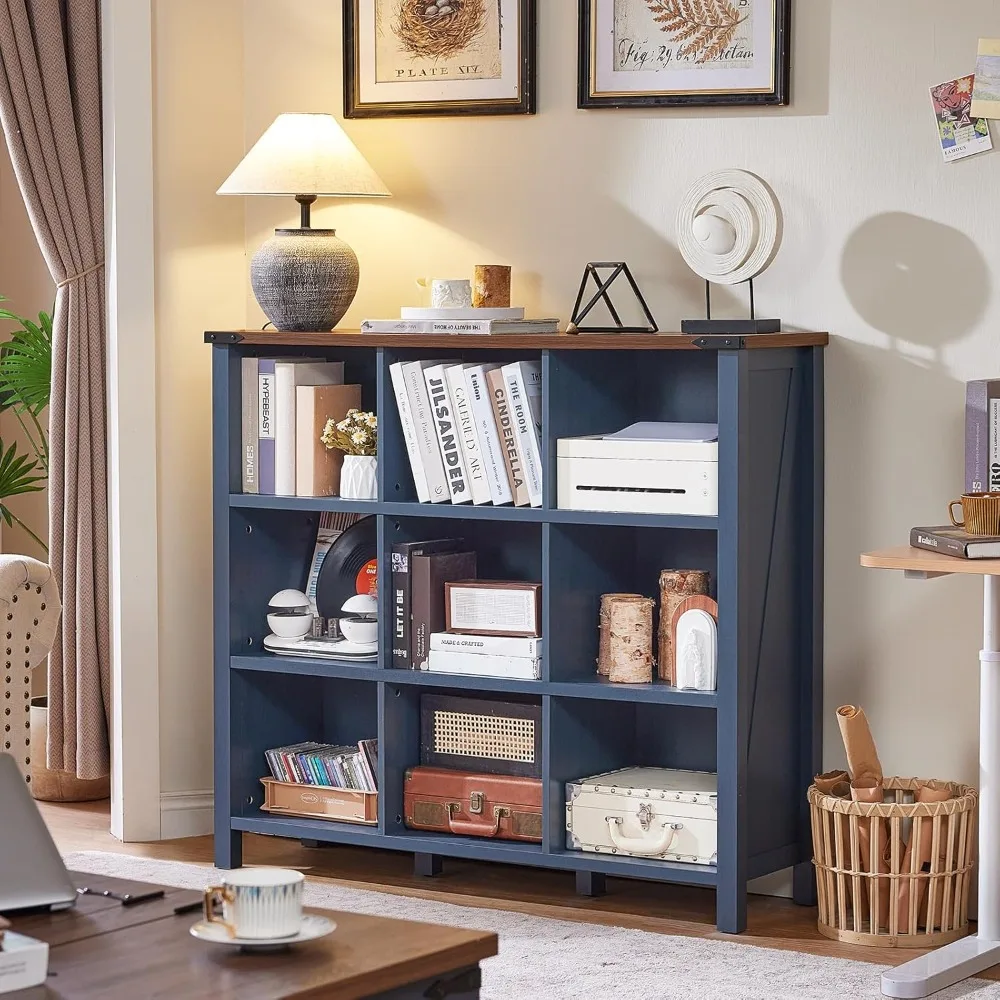 9 Cube Bookcase, Farmhouse 47 Inch Wide Navy Blue Bookshelf, Wooden 3 Tier Display Large Open Book Shelf, Vintage Horizontal