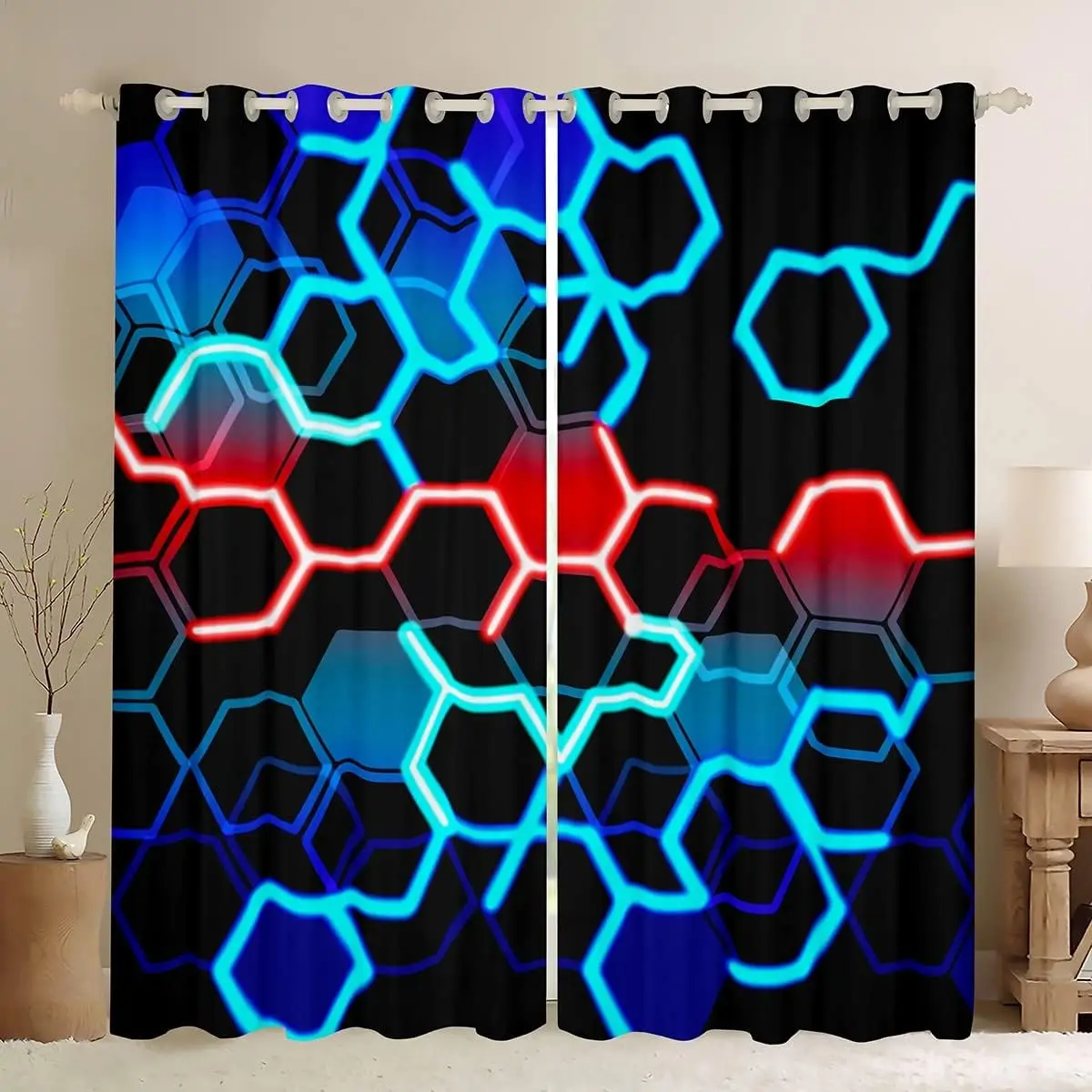 Futurism Hexagonal Art Printed Curtain for Home Decor Rod Pocket Grommet Top Window Treatment for Bedroom Kitchen Living Room