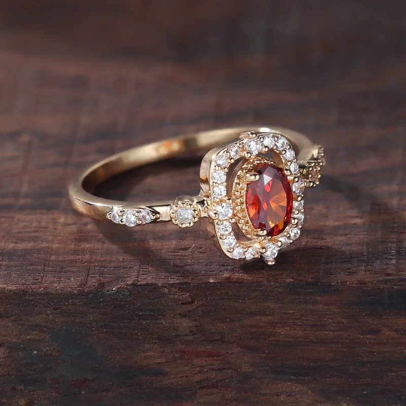 2026 New Golden Egg Shaped Pomegranate Red Micro Inlaid White Zircon Luxury Ring for Girls, Gift, Jewelry, and Head Accessories