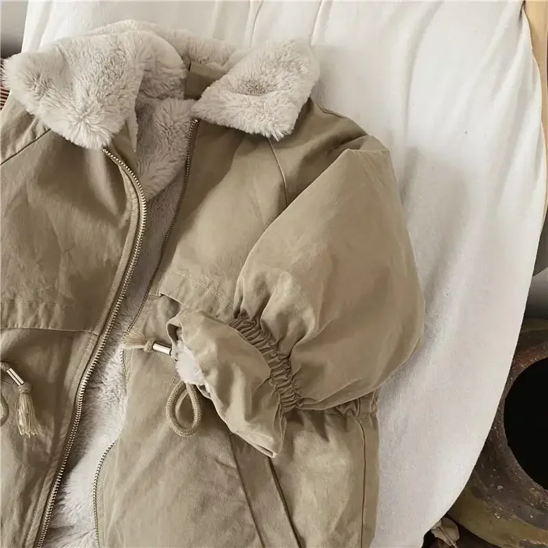 Baby Boys Khaki Lamb Wool Blend Parkas Coat Autumn Winter Coats Fur Jackets for Girls Cute Warm Jacket Children Snowsuit Fashion