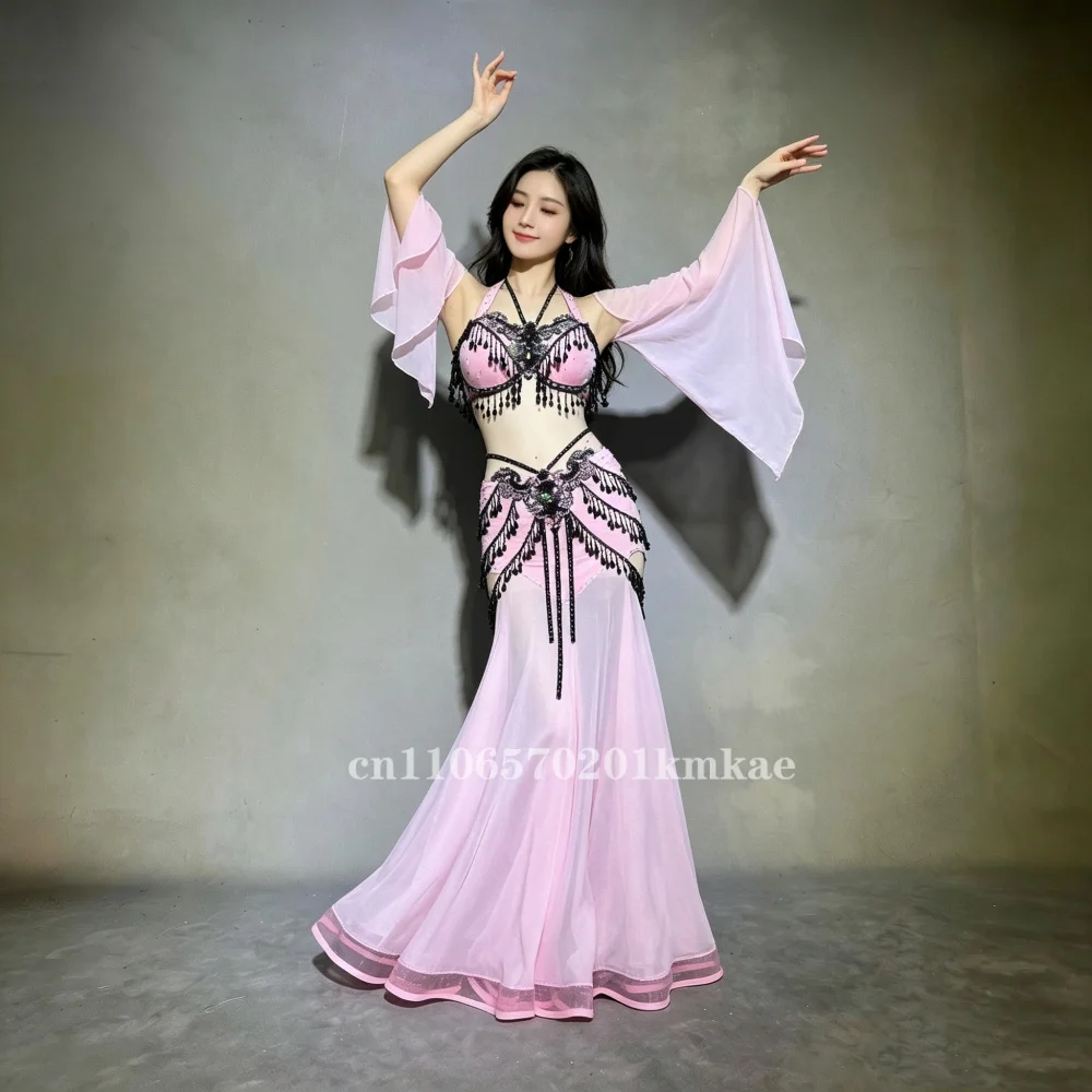 Belly Dancer Tassel Chiffon Performance Set for Adults Customized Oriental Dance Professional Competition Costumes with Sleeves