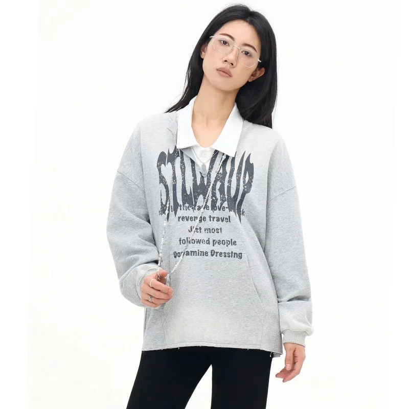 

Women Y2K Off Shoulder Sweatshirt Long Sleeve Pullover Autumn 2025 New Gray Letter Printed Streetwear Fashion High Quality Tops