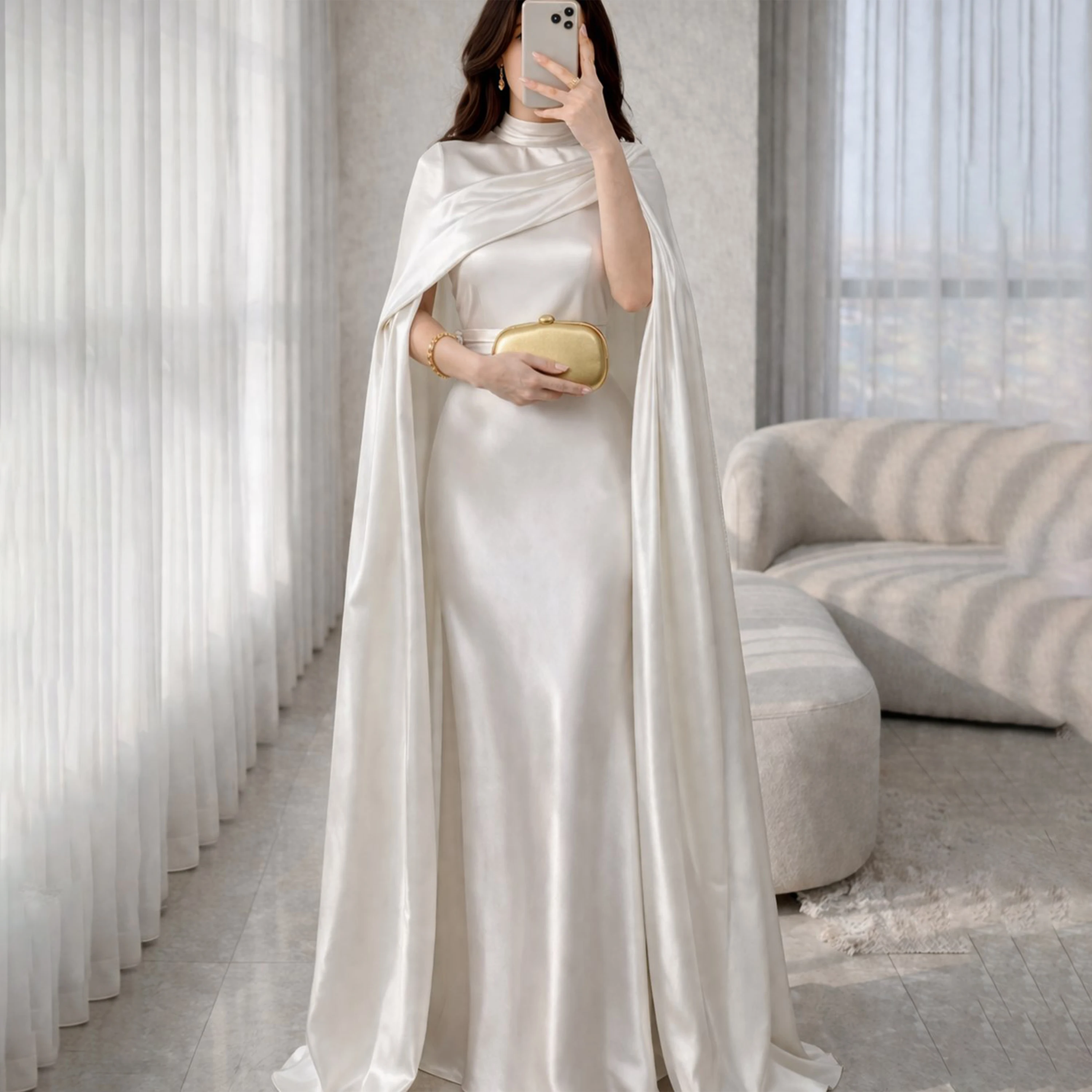 Muslim 2 in 1 Luxury Weddings Dresses Shawl High Collar Sleeveless Mermaid Stain Bride Dress for Women  Bridal Gown Customized