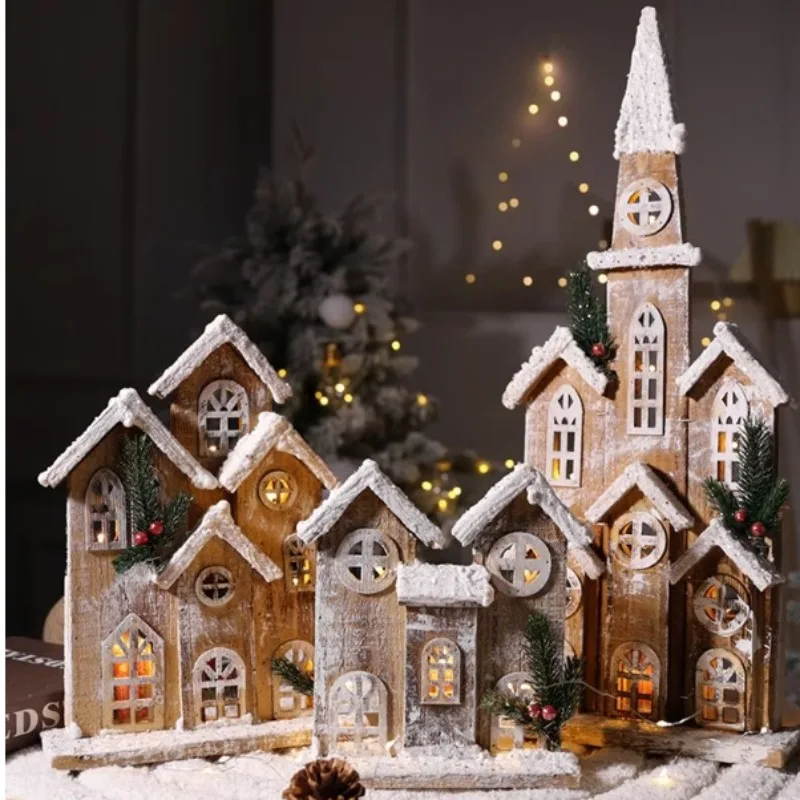

New Snow Wooden House LED Light Christmas Wooden house Ornaments Home DIY Xmas Ornaments 2023 Kids New Year Decorations Gifts