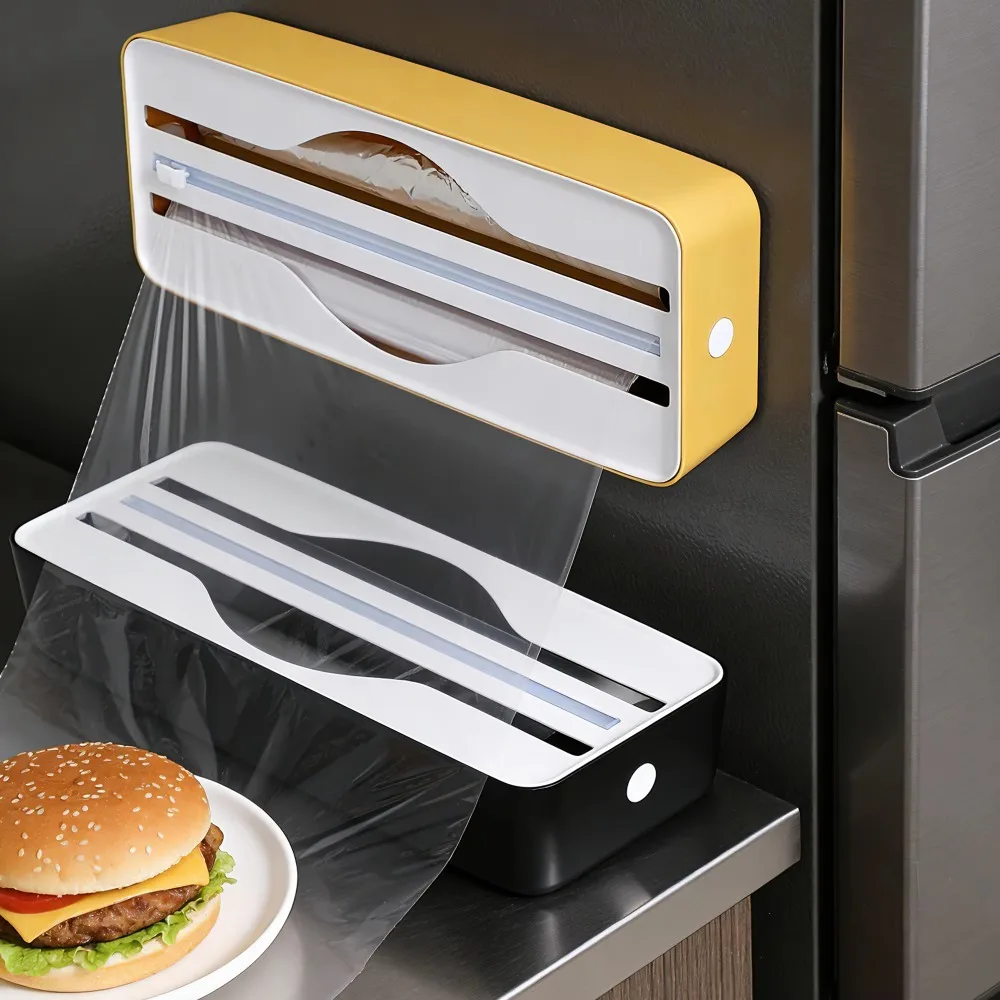 Magnetic Double Slot Food Wrap Dispenser Wall Mounted Space-saving Tin Foil Cutter Sliding Cutter Plastic Cling Film Organizer