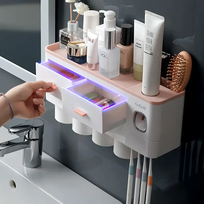 Magnetic Adsorption Toothbrush Holder Automatic Toothpaste Dispenser with Cup Wall Mount Storage Rack Bathroom Accessories Set