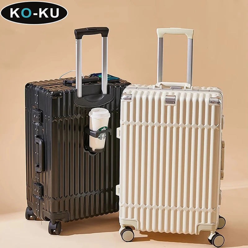 KO-KU 20/22/24/26/28 Inch Luggage 2024New Aluminium Frame Suitcase Trolley Case Cup Holder Usb Port Password Travel Boarding Box