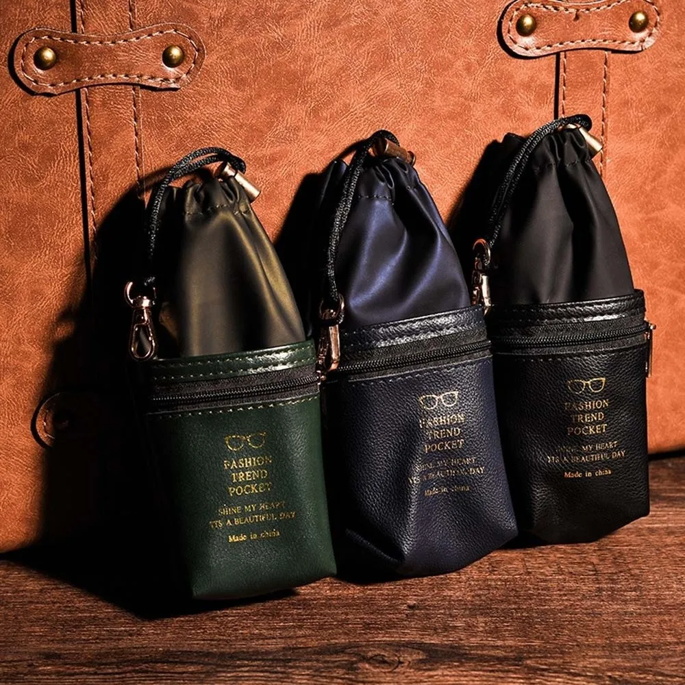 Portable Drawstring Glasses Organizer Double-layer Large Capacity Eyewear Storage Bag Leather with Key Ring